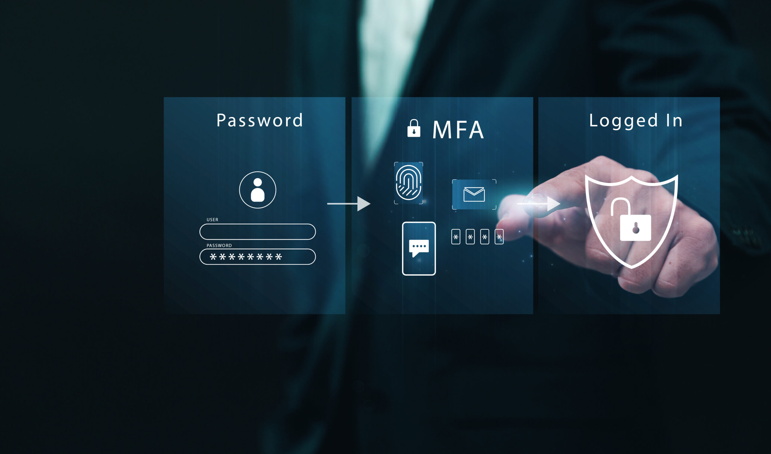 Multiple factor authentication MFA method using portable devices to protect data and account on internet data security concept, businessman finger touching secure computer technology graphics icon. Multiple factor authentication MFA method using portable devices to protect data and account on internet data security concept, businessman finger touching secure computer technology graphics icon.